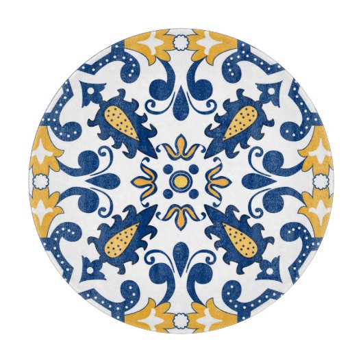 💙💛美しい青と黄色のアズレジョス、カッチン カッティングボード (正面)