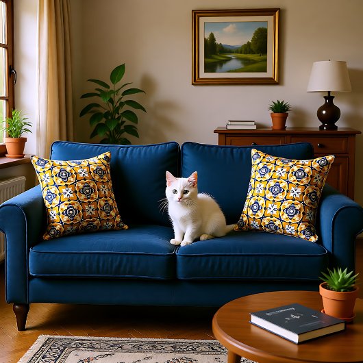 💙🤍💛美しい青と黄色のアズレホス クッション