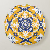 💛💙🤍美しい青と黄色のアズレホス ラウンドクッション (正面)