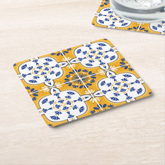美しい青と黄色のポルトガル語アズレジョ スクエアペーパーコースター (アングル)