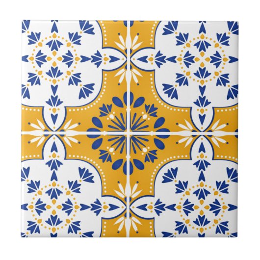 美しい青と黄色のポルトガル語アズレジョ タイル (正面)