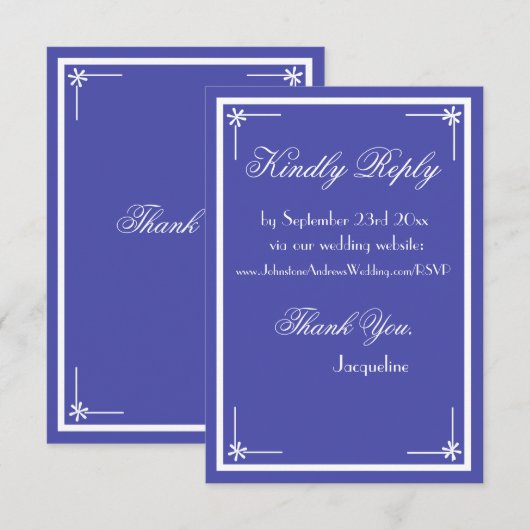 美しい青のエレガントスクリプトクラシックウェディングRSVP エンクロージャーカード (正面/裏面)