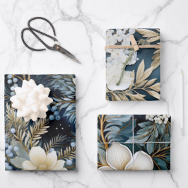 美しい青のクリスマスミックス ラッピングペーパーシート