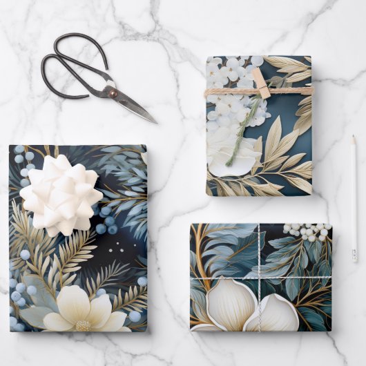 美しい青のクリスマスミックス ラッピングペーパーシート (正面)