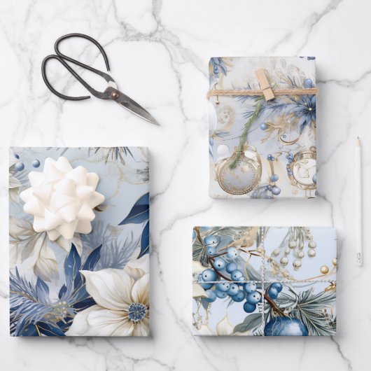 美しい青のクリスマスミックス ラッピングペーパーシート (正面)