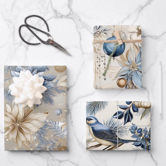 美しい青のクリスマスミックス ラッピングペーパーシート (正面)