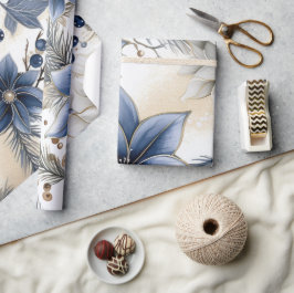 美しい青のクリスマス、ベリー、フローラ ラッピングペーパー