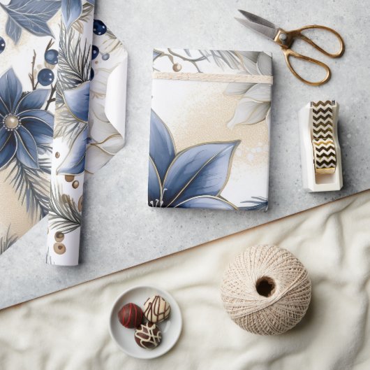 美しい青のクリスマス、ベリー、フローラ ラッピングペーパー (クラフト)