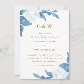 美しい青のフローラとモノグラム結婚写真 招待状 (正面)