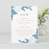 美しい青のフローラとモノグラム結婚写真 招待状 (スタンド正面)