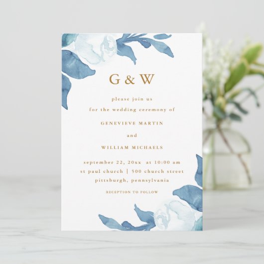 美しい青のフローラとモノグラム結婚写真 招待状 (スタンド正面)