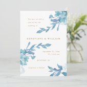 美しい青のフローラと金ゴールドカラー文字 招待状 (スタンド正面)