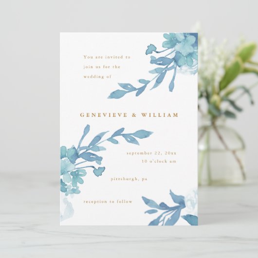 美しい青のフローラと金ゴールドカラー文字 招待状 (スタンド正面)