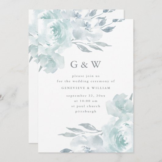 美しい青のフローラオンホワイトモノグラム結婚ズ 招待状 (正面/裏面)