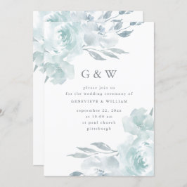 美しい青のフローラオンホワイトモノグラム結婚ズ 招待状