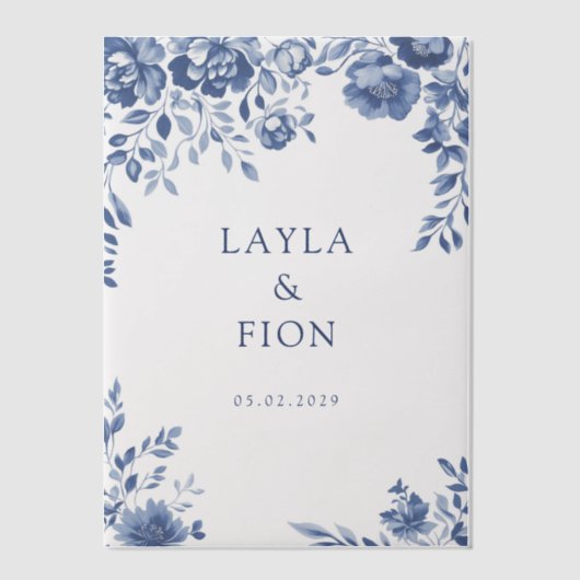 美しい青のフローラ枠 ベラム紙招待状 (正面)