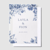 美しい青のフローラ枠 ベラム紙招待状 (オフセット)