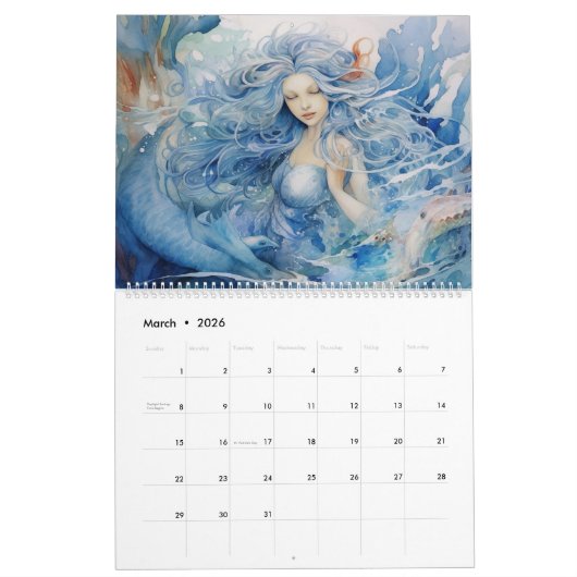 美しい青の人魚の水色 カレンダー (3月 2026)