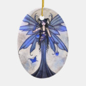 美しい青の妖精と蝶のファンタジーアート セラミックオーナメント (正面)