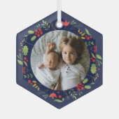 美しい青の植物写真のカスタムクリスマス ガラスオーナメント (正面)