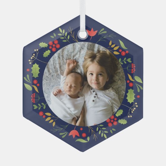 美しい青の植物写真のカスタムクリスマス ガラスオーナメント (正面)