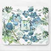美しい青の水色フローラとイニシャル マウスパッド (正面)
