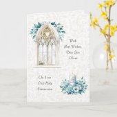 美しい青の水色最初の聖餐式 カード (黄色い花)