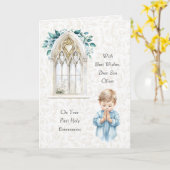 美しい青の水色最初の聖餐式 カード (黄色い花)