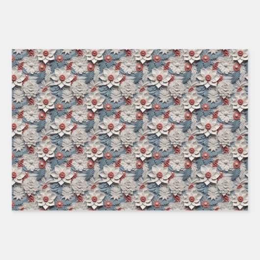 美しい青の白と赤の3Dポインセチア ラッピングペーパーシート (正面)