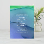 美しい青の緑の水彩洗結婚浄 招待状 (スタンド正面)