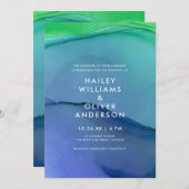 美しい青の緑の水彩洗結婚浄 招待状 (正面/裏面)