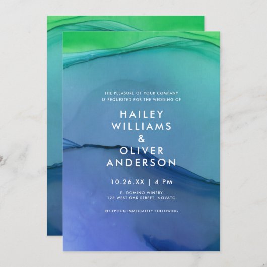 美しい青の緑の水彩洗結婚浄 招待状 (正面/裏面)