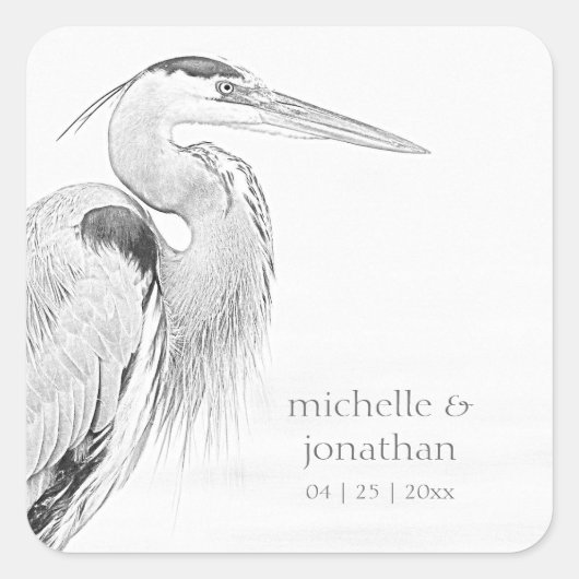 美しい青ヘロンの水鳥のスケッチ結婚ズ スクエアシール (正面)