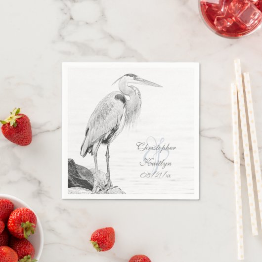 美しい青ヘロンの水鳥のスケッチ結婚ズ スタンダードカクテルナプキン (インサイチュ)