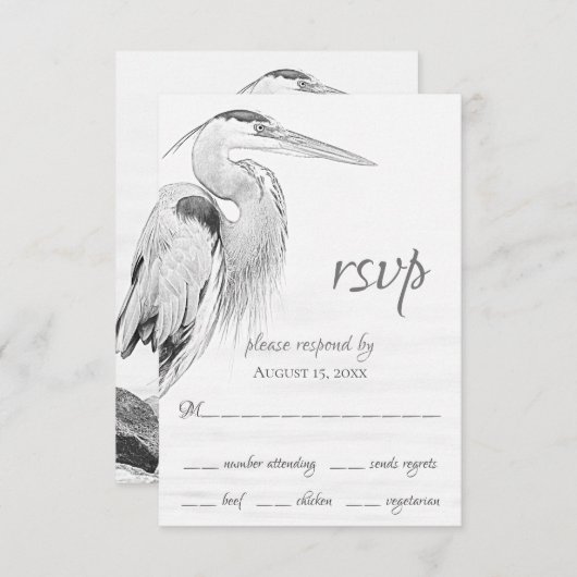 美しい青ヘロンの水鳥のスケッチ結婚ズ 出欠カード (正面/裏面)