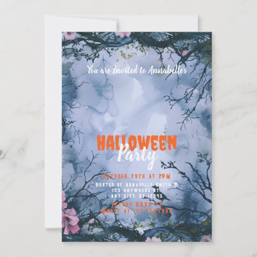 美しい青空 ピンクの花 ハロウィンパーティー 招待状 (正面)