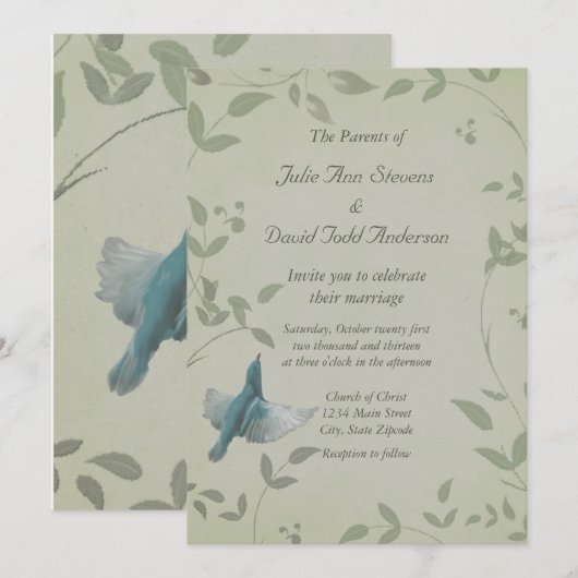 美しい青結婚鳥 招待状 (正面/裏面)