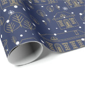 美しい青金ゴールド冬の町のパターン ラッピングペーパー (ロールコーナー)