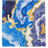 美しい青、金ゴールド、水のような白い渦巻き シャワーカーテン (正面)