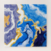 美しい青、金ゴールド、水のような白い渦巻き ジグソーパズル (横)