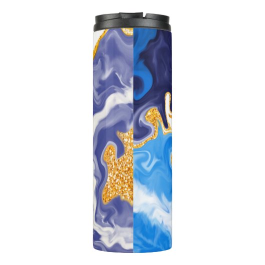 美しい青、金ゴールド、水のような白い渦巻き タンブラー (裏面)