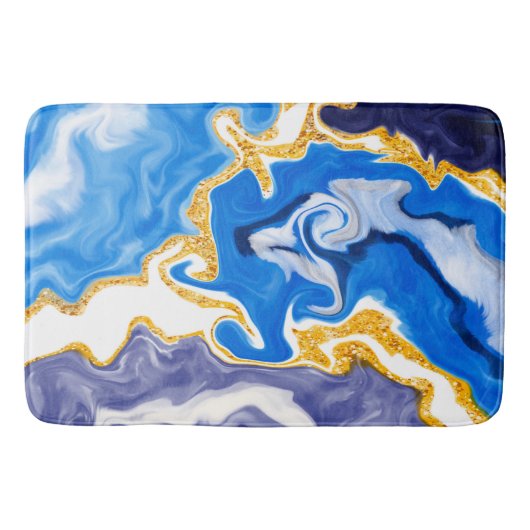 美しい青、金ゴールド、水のような白い渦巻き バスマット (正面)