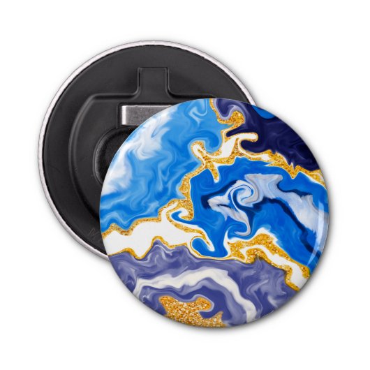 美しい青、金ゴールド、水のような白い渦巻き 栓抜き (正面)