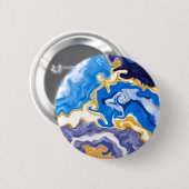 美しい青、金ゴールド、水のような白い渦巻き 缶バッジ (正面&裏面)