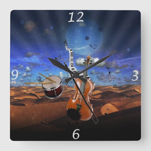 美しい音楽ノートバイオリン(ばちゃばちゃ)跳ねるピアノドラム スクエア壁時計 (正面)