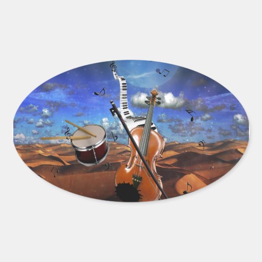 美しい音楽ノートバイオリン（ばちゃばちゃ）跳ねるピアノドラム 楕円形シール (正面)