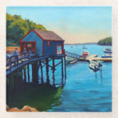 美しい風光明媚な港とボート ガラスコースター (正面)