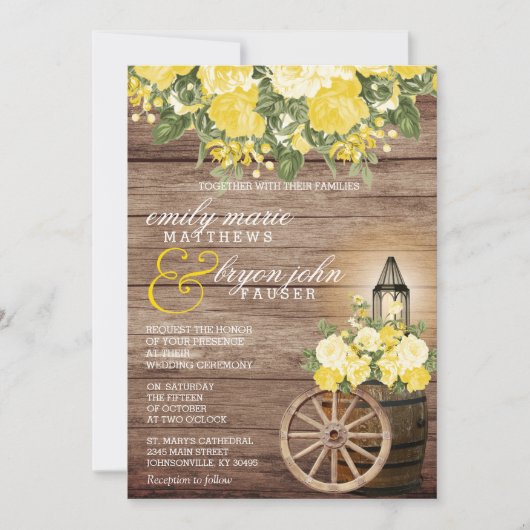 美しい風化された木製の樽と黄色の花 招待状 (正面)