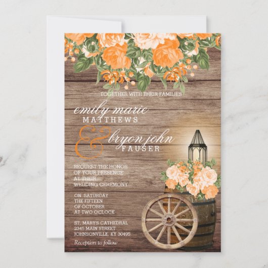 美しい風化した木の樽とオレンジの花 招待状 (正面)