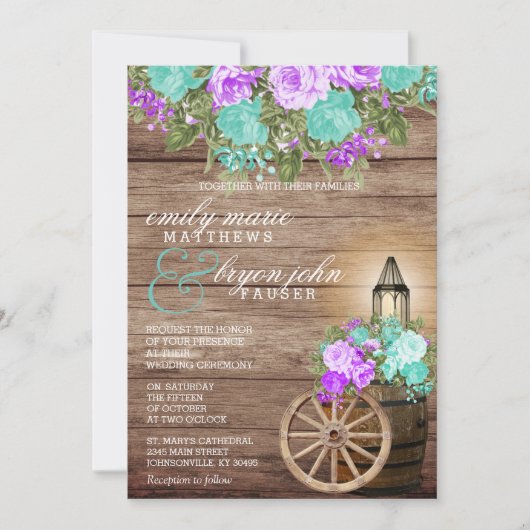 美しい風化木材とティール(緑がかった色)&パープルフローラ 招待状 (正面)